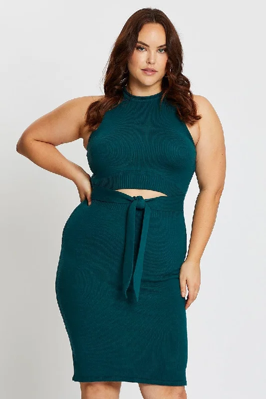 Green Sleeveless Tie Front Knitted Dress