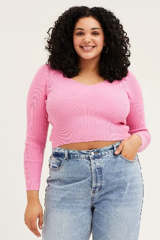 H Pink V-neck Long Sleeve Semi Crop Rib-Knit Top