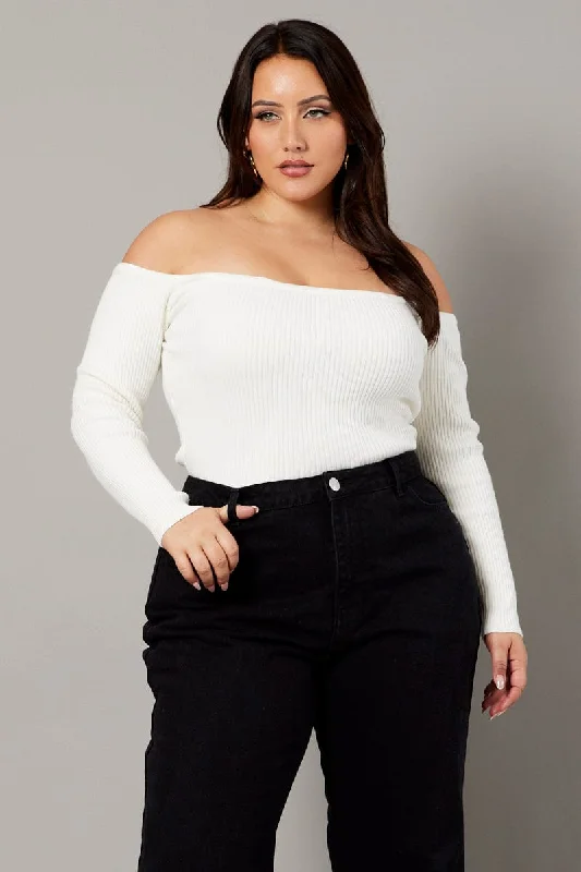 White Off Shoulder Knit Top Long Sleeve