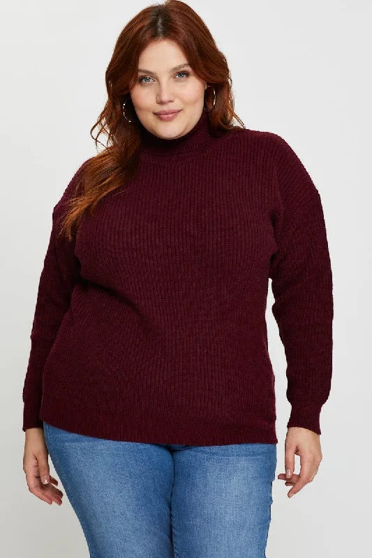 Red Knit Top Turtle Neck Long Sleeve Longline