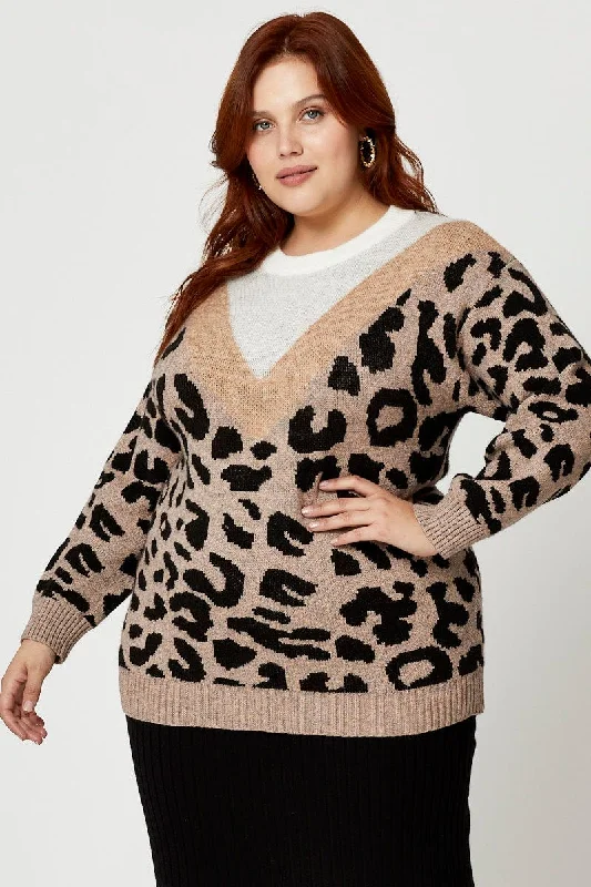 Print Knit Top Round Neck Long Sleeve