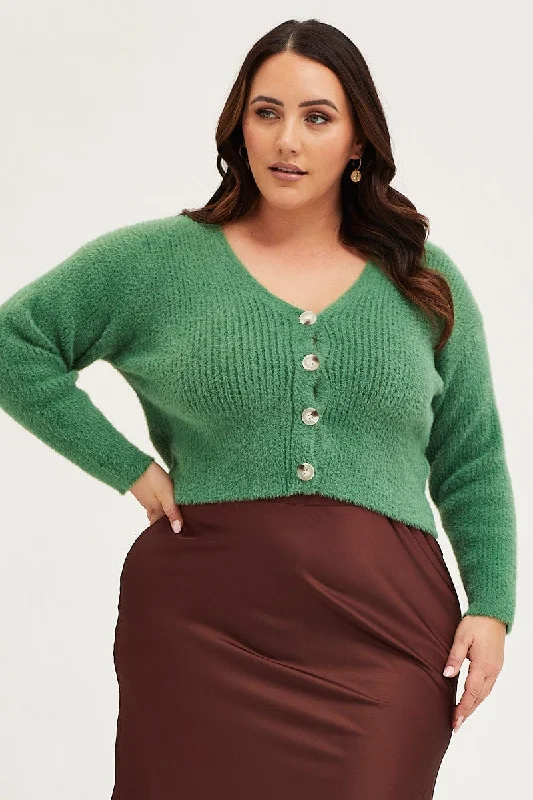 Green Cardigan Long Sleeve Fluffy Semi Crop Knit