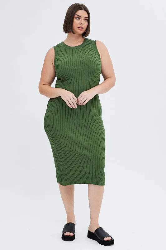 Green Knit Dress Wide Rib High Neck Sleeveless Midi