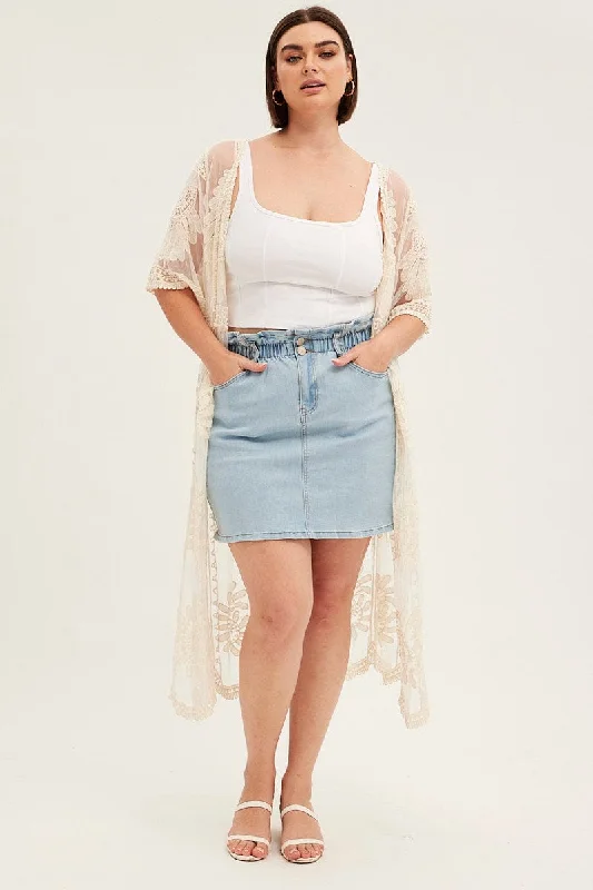 White Kimono Cardigan Scallop Hem Embroidery Mesh