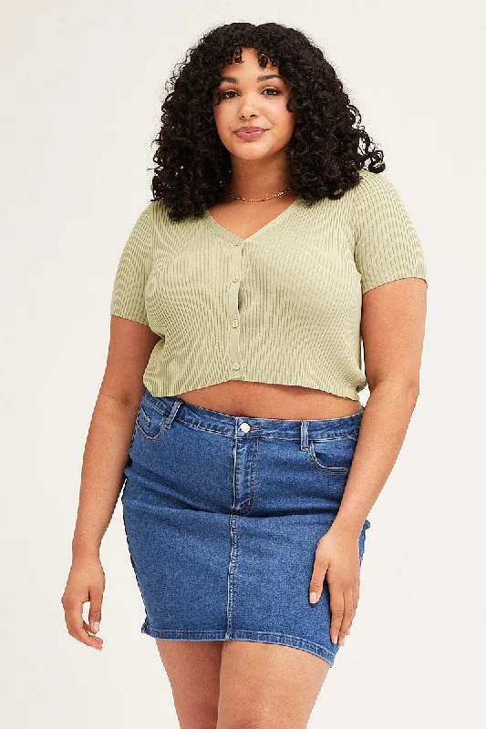 Green Cardigan Short Sleeve Ribbed Crop Knit