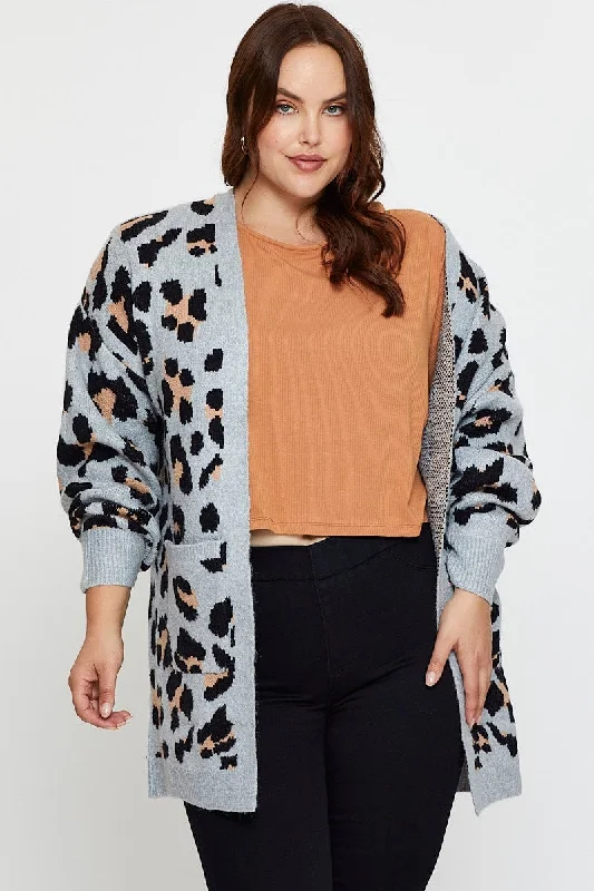 Animal Print Knit Cardigan Long Sleeve Longline