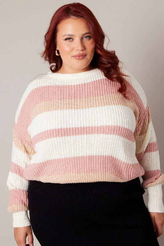 Pink Stripe Knit Jumper Long Sleeve Round Neck