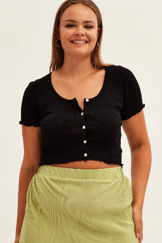 Black Crop Knit Top Scoop Neck Short Sleeve