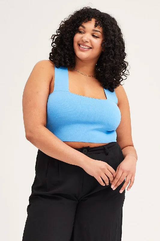 Blue Square Neck Sleeveless Crop Knit Top