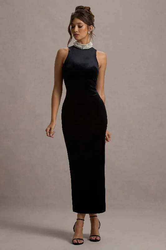 Audrine | Black Velvet Embellished High-Neck Maxi Dress