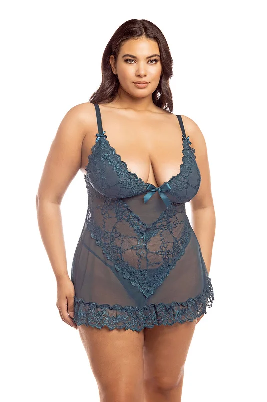 Valentine Soft Cup Lacey Plus Size Babydoll With Bows And G-string Panty