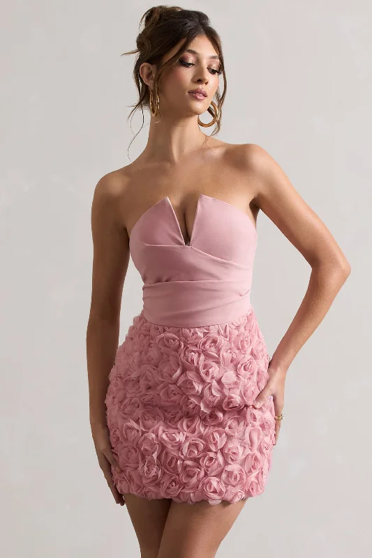 Maya | Blush Pink Floral Mesh Strapless Mini Dress