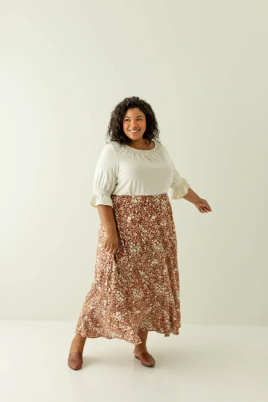 'Shauna' Smocked Waist Floral Maxi Skirt in Rust