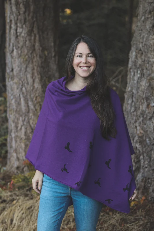 Eggplant Tencel Poncho with Birds Print