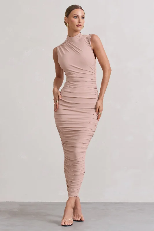 Jaded | Champagne Bodycon Ruched High-Neck Open-Back Maxi Dress