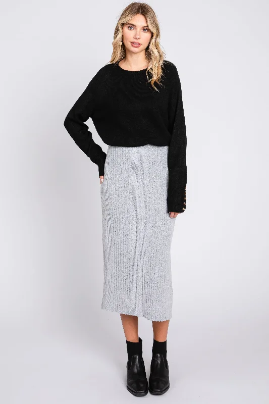 Heather Grey Soft Knit Ribbed Side Slit Midi Skirt