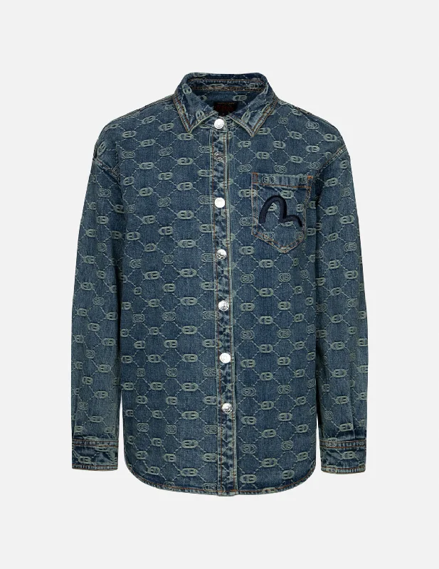 Allover Logo Jacquard and Seagull Embroidery Boyfriend Fit Denim Shirt Jacket