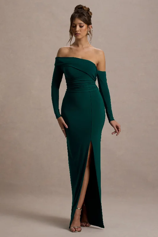 Stand Out | Bottle Green Bardot Long Sleeve Ruched Maxi With Side Split