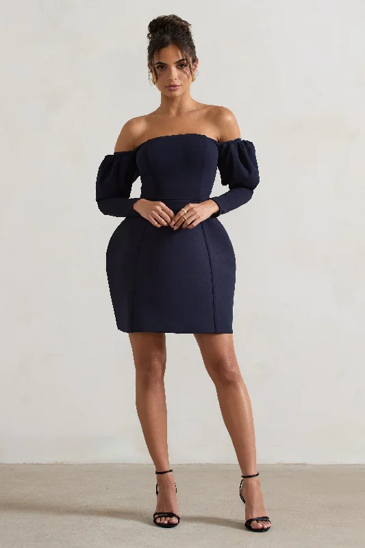 Evangeline | Navy Structured Bardot Puff-Sleeve Mini Dress