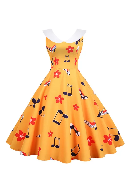 Printed Sleeveless Yellow Vintage Dress