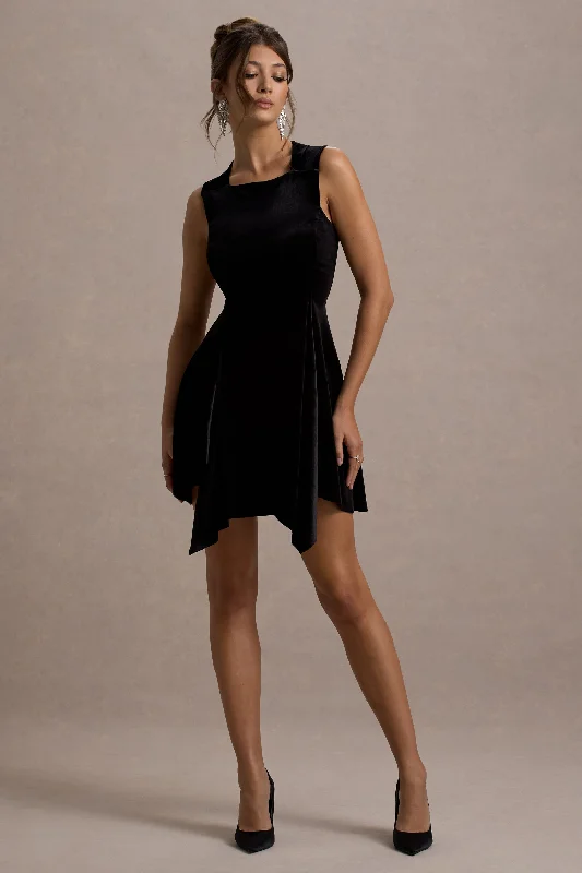 Baker | Black Velvet Draped-Hem Mini Dress