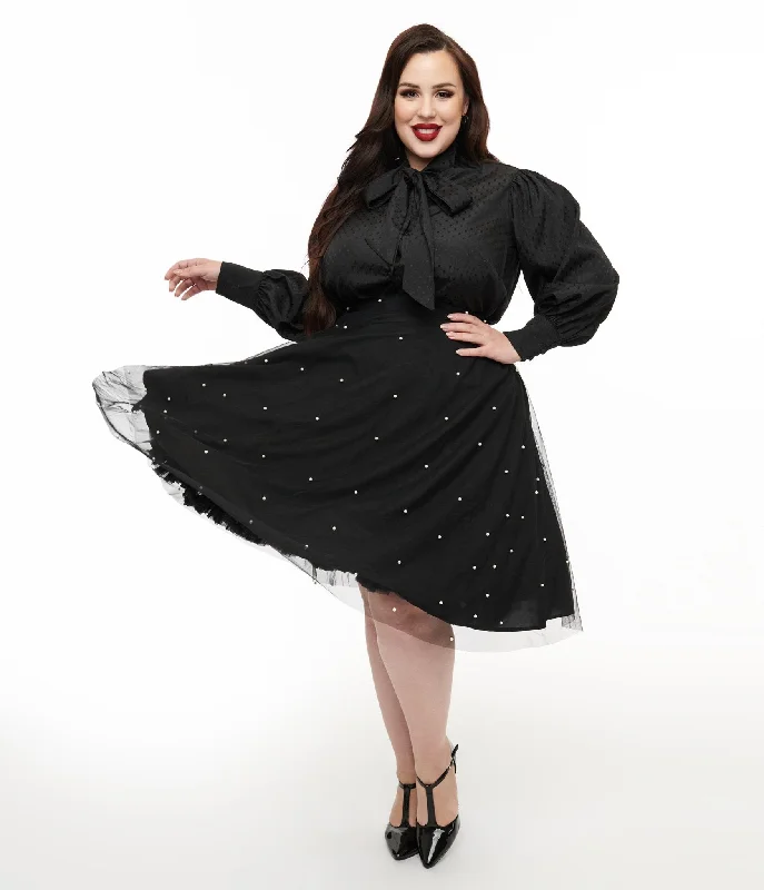 Magnolia Place Plus Size Black & Faux Pearl Sally Swing Skirt