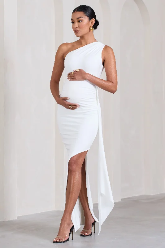 Dream Of You | White One-Shoulder Split Maternity Maxi Dress With Drape