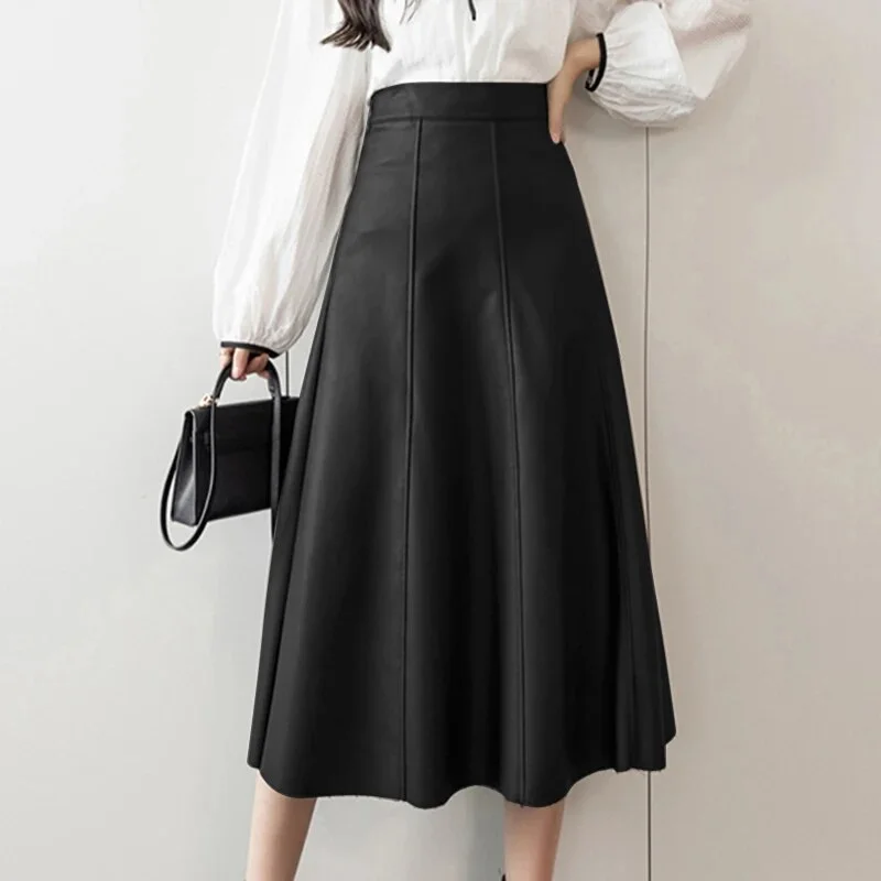 Women's High Waist PU Leather Fashion Designer Long Skirts