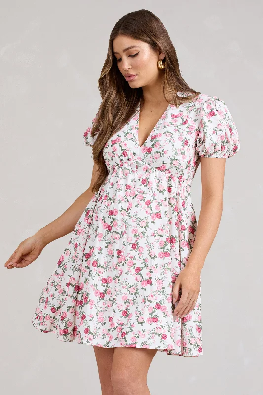 By The Cypress | Pink Floral Maternity V-Neck Puff-Sleeved Buttoned Mini Dress