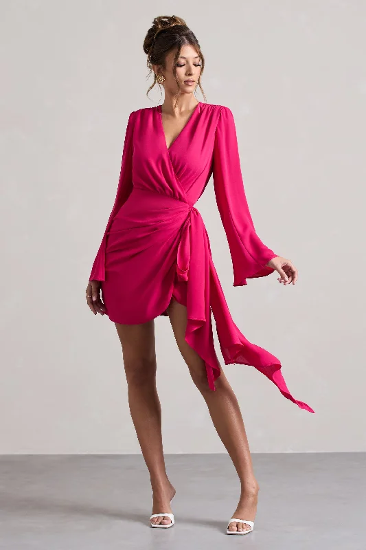 Alinta | Hot Pink Long-Sleeve Wrap Mini Dress