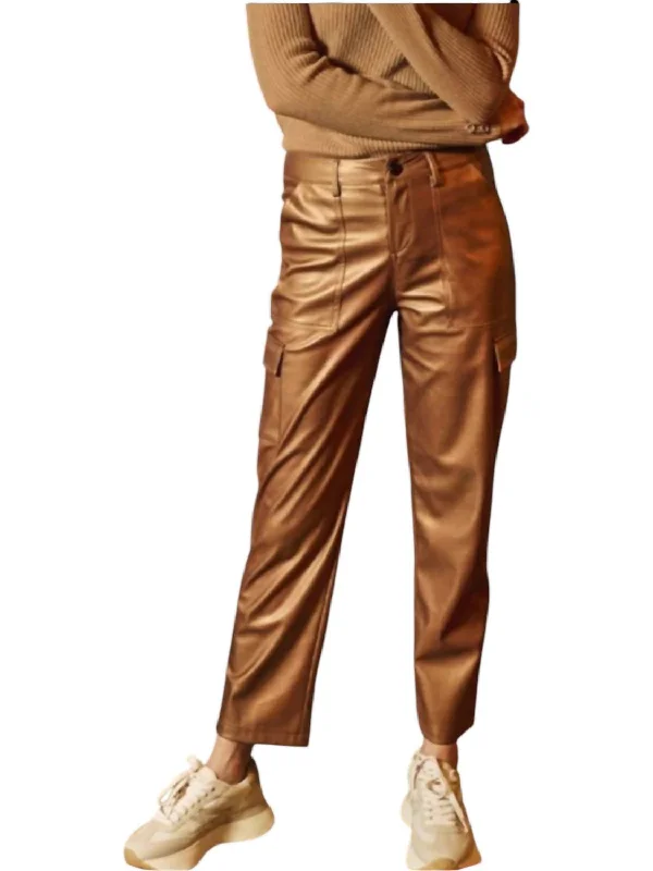 Alphi Cargo Vegan Leather Trousers In Brandy