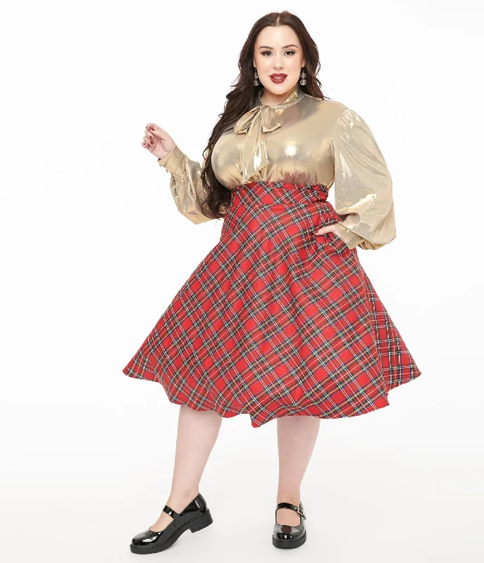 Unique Vintage Plus Size 1950s Red Plaid High Waist Vivien Swing Skirt