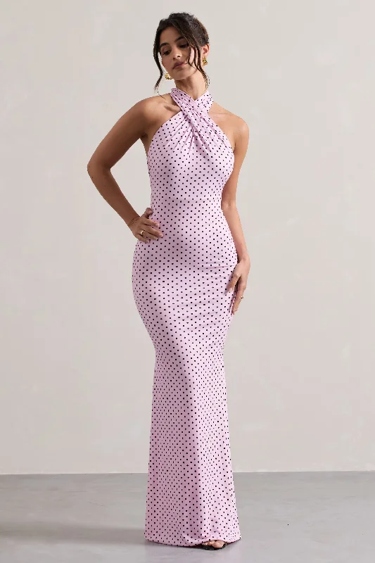 Invincible | Pink Polka Dot Cross Over Halter-Neck Open-Back Maxi Dress