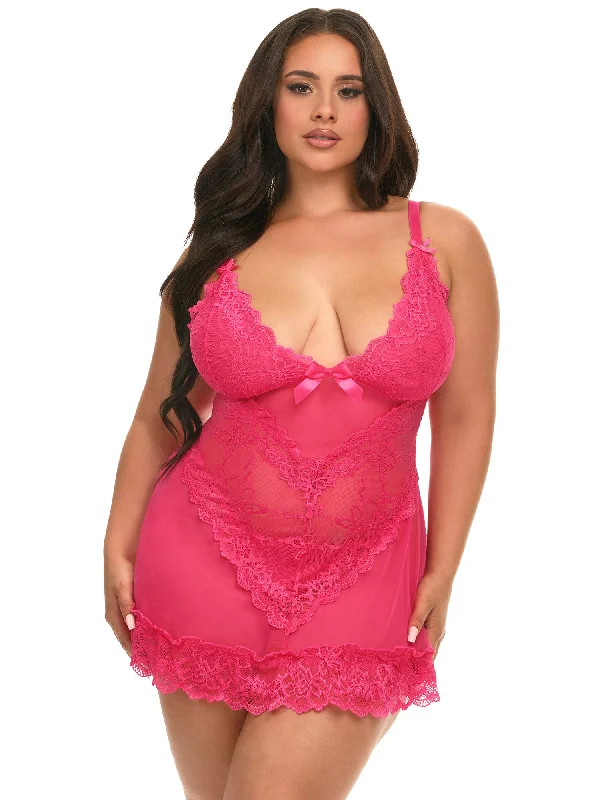 Valentine Soft Cup Lacey Plus Size Babydoll With Bows And G-string Panty