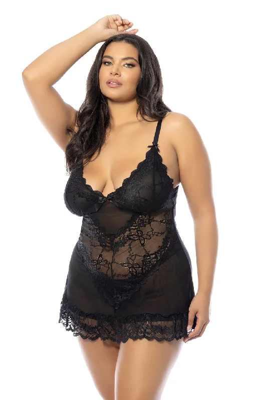 Valentine Soft Cup Lacey Plus Size Babydoll With Bows And G-string Panty