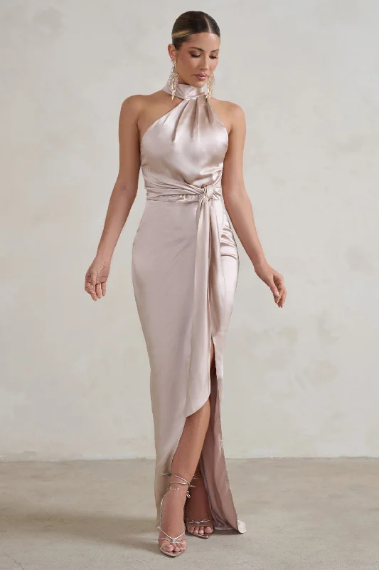 Tattianna | Champagne Asymmetric Tie Detail High Neck Satin Maxi Dress