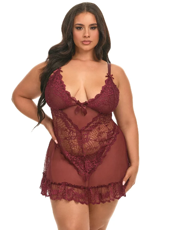 Valentine Soft Cup Lacey Plus Size Babydoll With Bows And G-string Panty