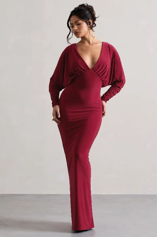 Ruth | Berry Draped Plunge-Neck Maxi Dress