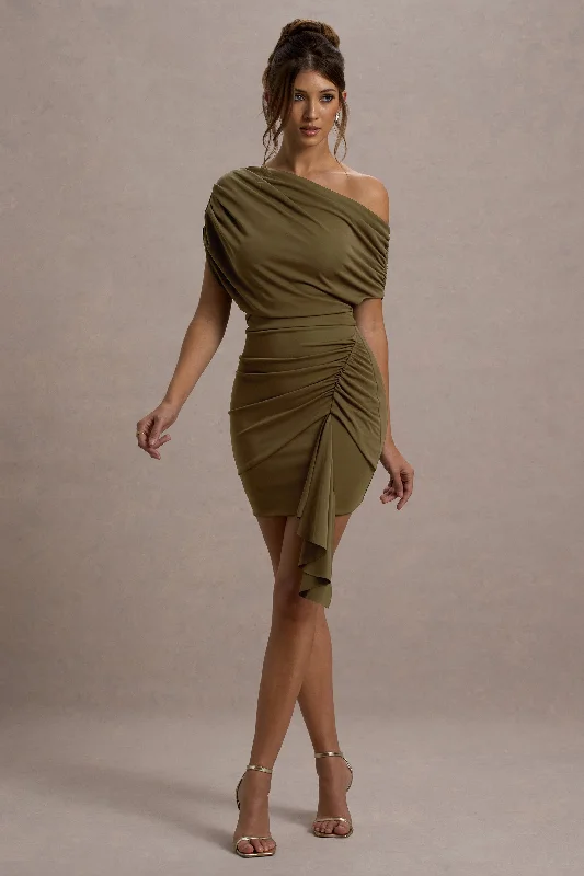 Osmanthus | Khaki Asymmetric Draped Mini Dress