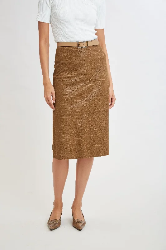 Croco Embossed Vegan Leather Midi Skirt