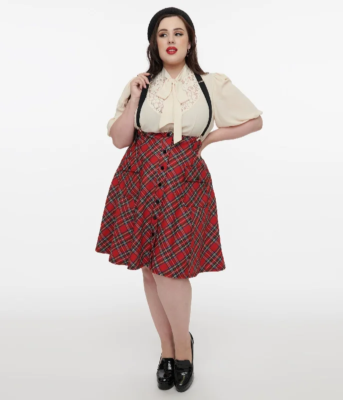 Unique Vintage Plus Size 1950s Red Bias Plaid Suspender Flare Skirt