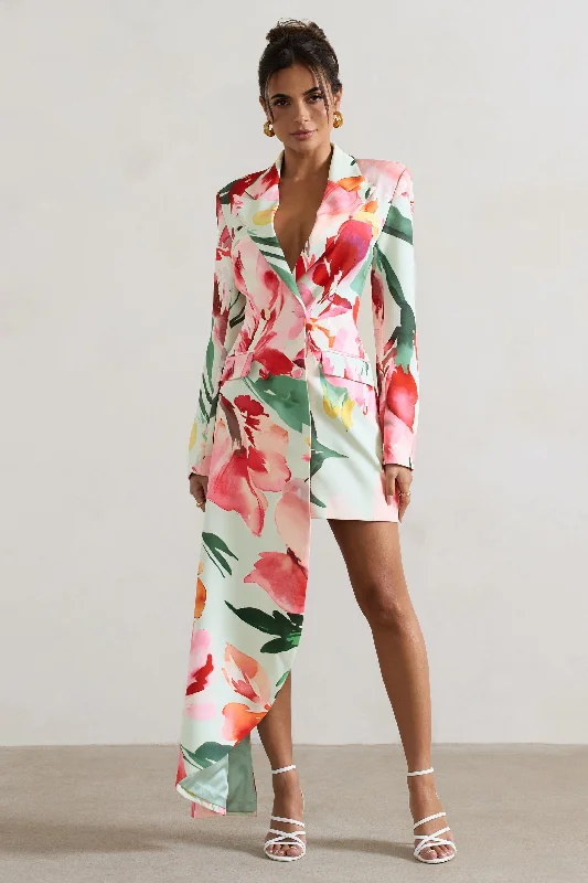 Spiral | Mint Floral Tailored Blazer Mini Dress With Asymmetric Hem