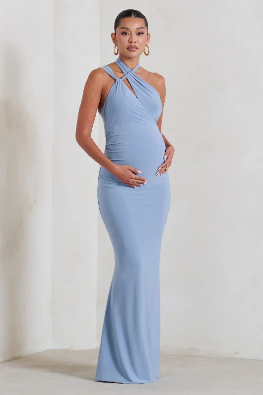 Alba | Powder Blue Maternity Halter Asymmetric Maxi Dress with Cut Out