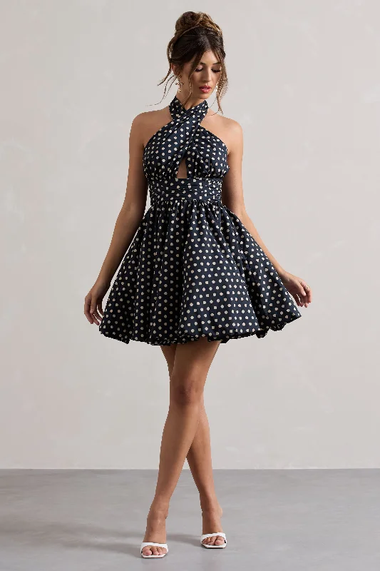 Levie | Navy Polka Dot Halter-Neck Mini Dress