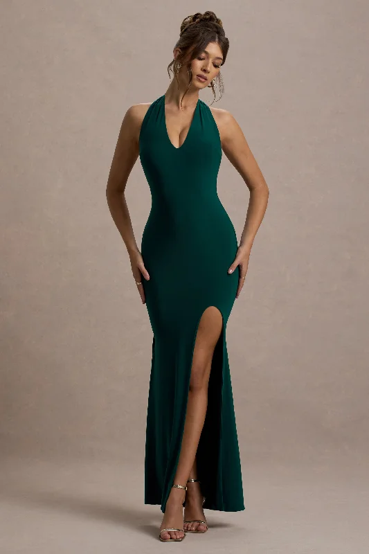 Glamour | Bottle Green Backless V Plunge Halter Neck Maxi Dress With Side Split