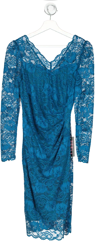 Jolie Moi Blue V Neck 3/4 Sleeve Lace Dress UK 10