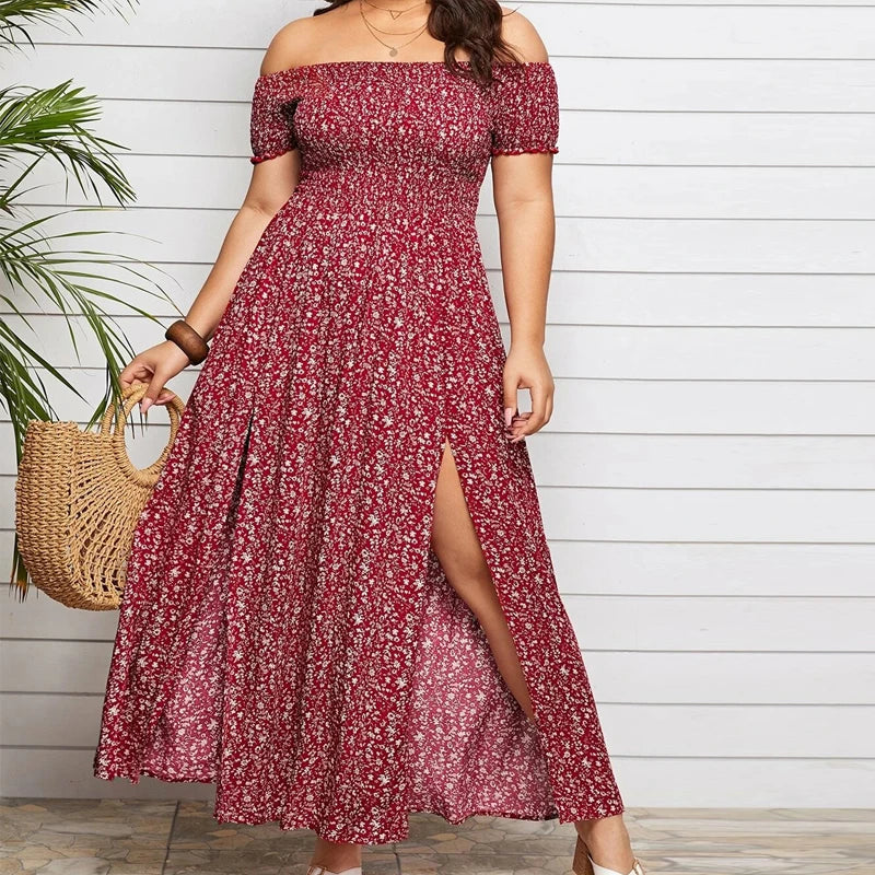 Women's Off Shoulder Split Boho Fashion Chiffon Long Dresses (Plus Size)