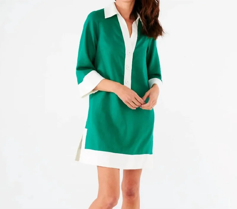 Piper Caftan Kelly Green White Linen In Kelley Green White