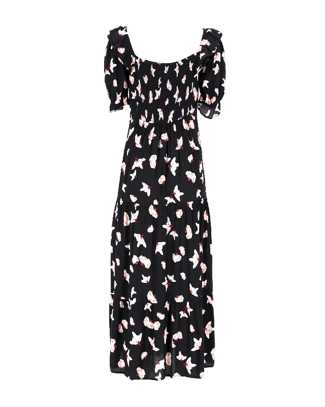 Ba&Sh Printed Puff Sleeve Midi Dress in Black Viscose