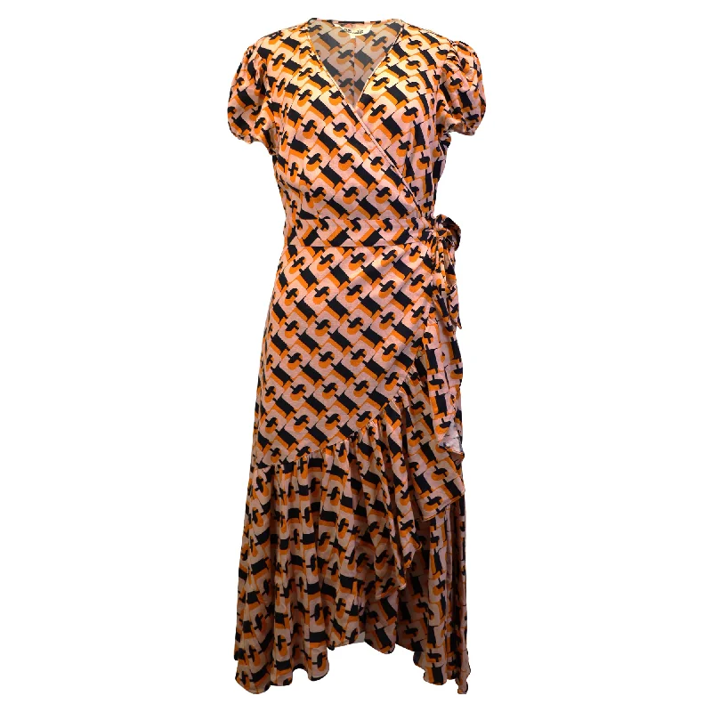 Diane Von Furstenberg Ruffled Printed Midi Wrap Dress in Orange Linen Blend